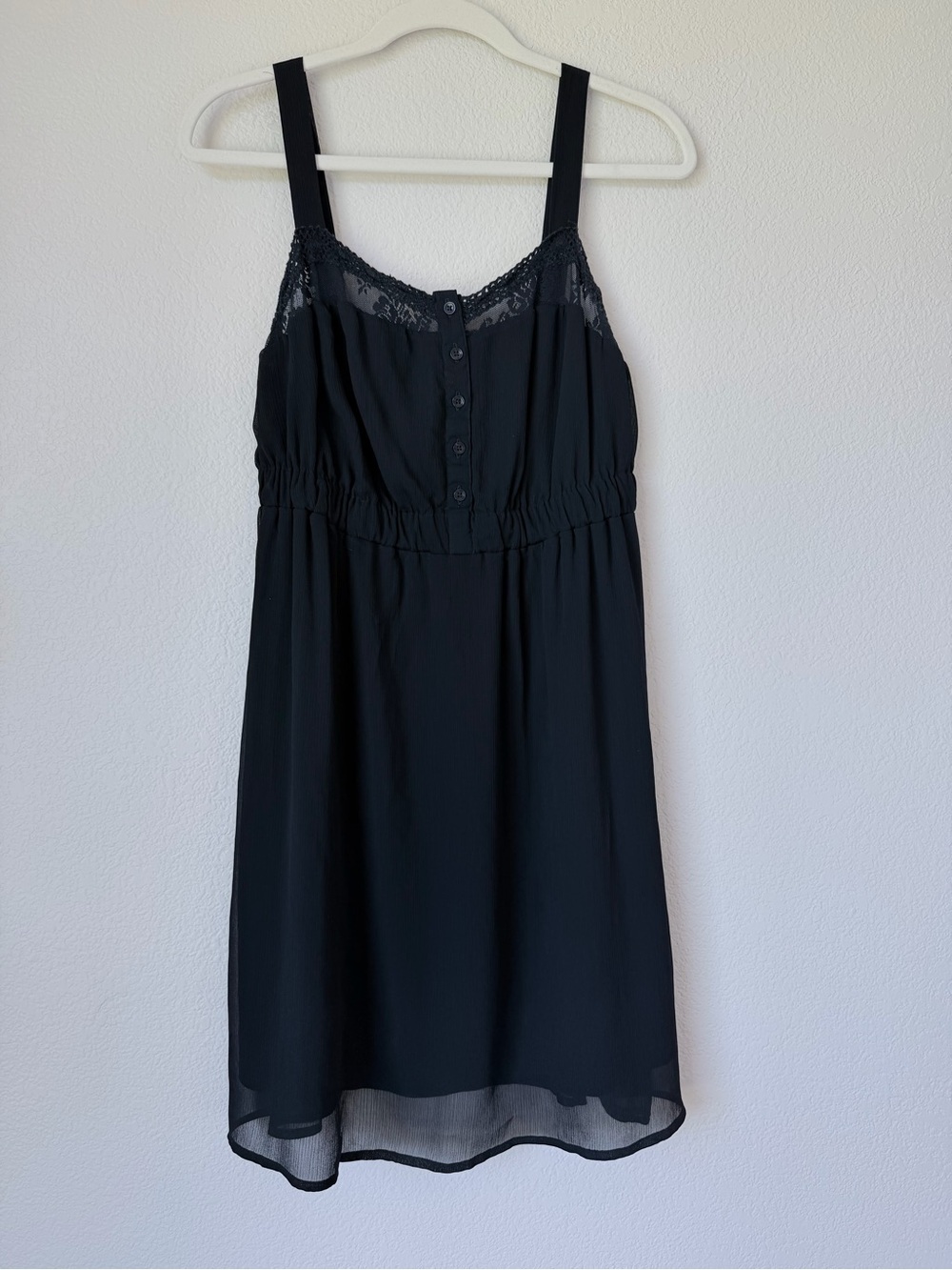 Mudd Black Lace Trim Button Front Mini Dress L Sheer Overlay Lined Sleeveless